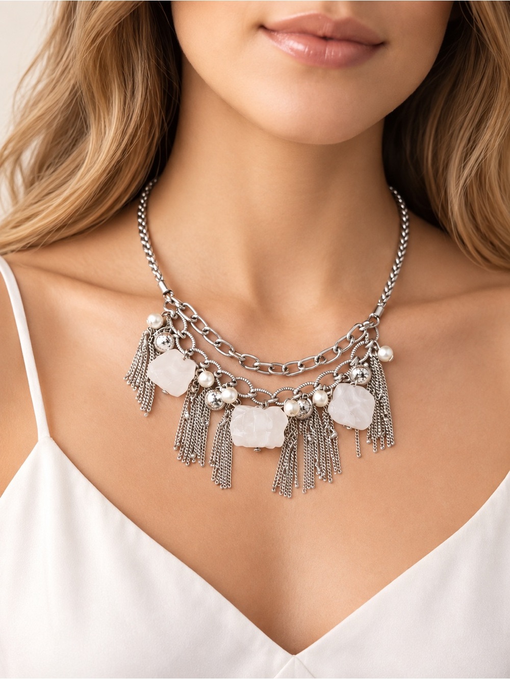 White Crystal Quartz Bib Necklace Austrian Crystal Statement 20”